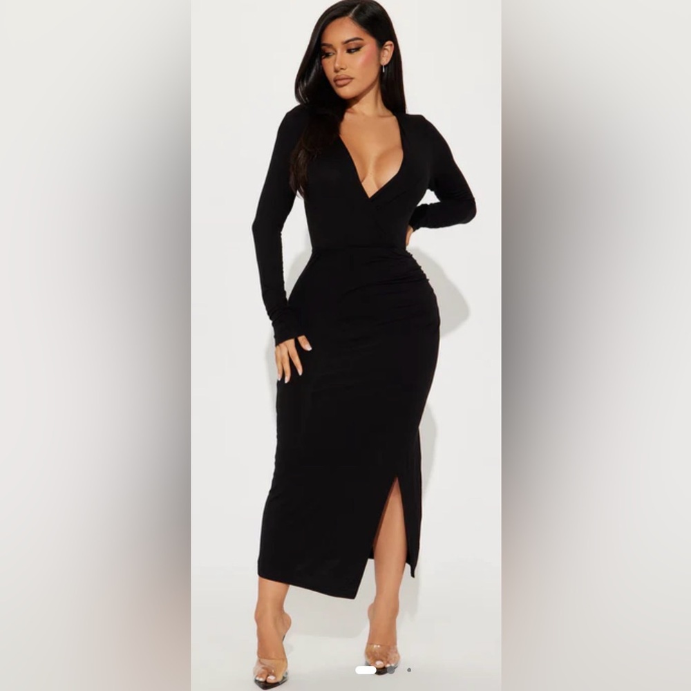 Fashion Nova Black Long Sleeve Wrap Midi Dress